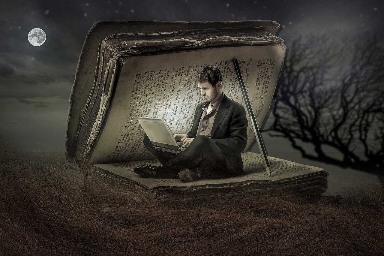 manipulation, book, night sky, man, pc, moon, full moon, grass, sky, clouds, trees, brown sky, brown book, brown laptop, brown books, brown tree, nature, brown moon, brown clouds, brown grass