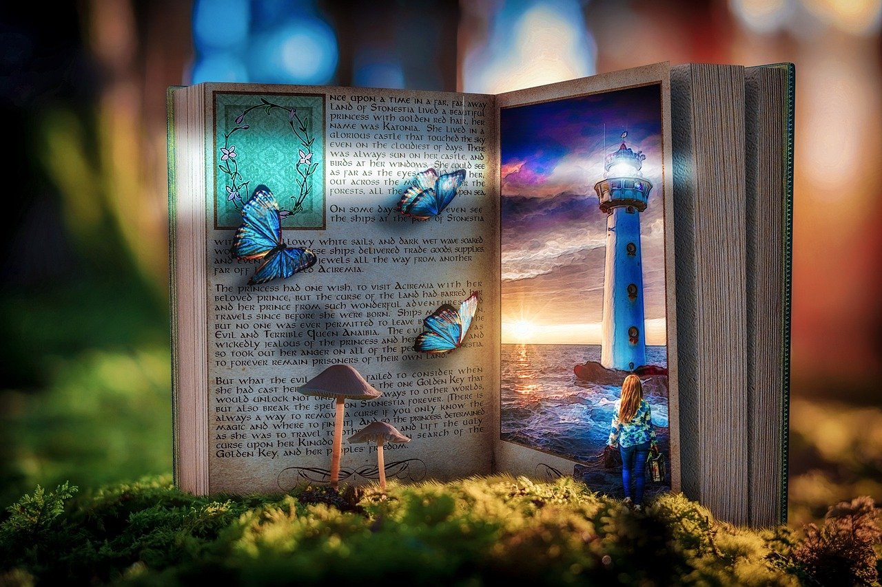 fantasy, girl, creativity, nature, forest, grass, book, butterfly, butterflies, woman